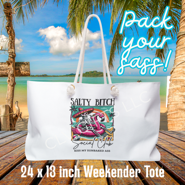 Salty Bitch Social Club Weekender Tote – Funny Skeleton Flamingo Beach Bag | Sassy Girls Trip Tote, Summer Poolside Bag