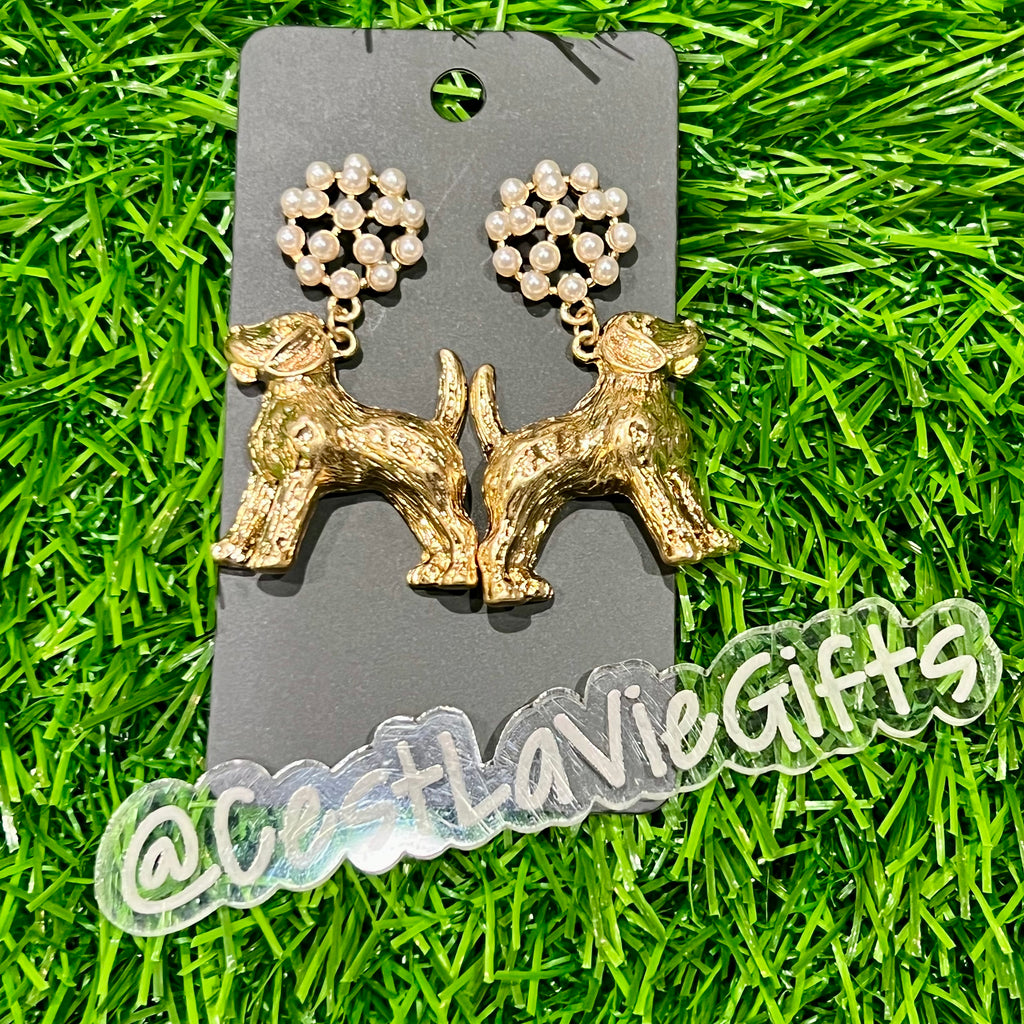 Gold Hound Dog Pearl Drop Earrings – Hypoallergenic Mascot Earrings (2”)