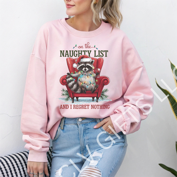 On the Naughty List Raccoon Crewneck Sweatshirt! Zero Christmas Regrets! Gildan 18000 - Gift