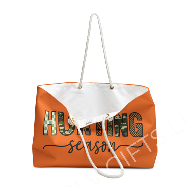 Hunting Season Tote Bag | Oversized Orange Camo Weekender | Funny Deer Camp Gift