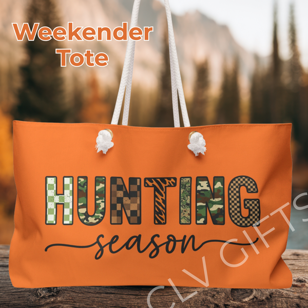 Hunting Season Tote Bag | Oversized Orange Camo Weekender | Funny Deer Camp Gift