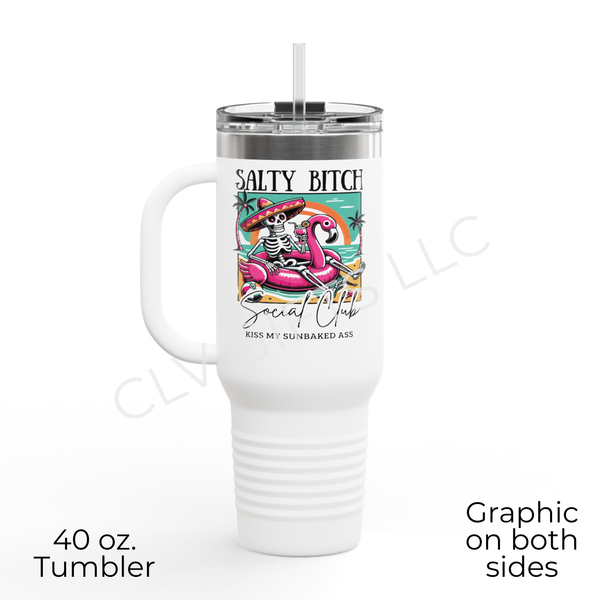 40oz Salty Bitch Social Club Tumbler – Funny Skeleton Flamingo Cup | Summer Iced Coffee Cup, Girls Trip Gift, Bachelorette Beach Mug