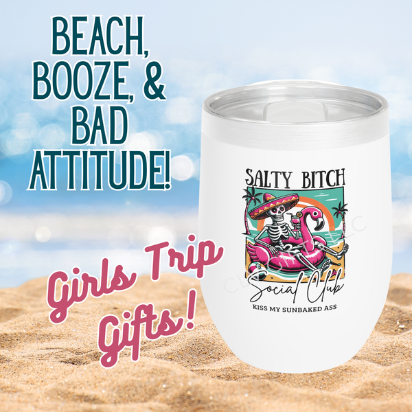 Salty Bitch Social Club Wine Tumbler – Funny Skeleton Margarita Cup | Sassy Beach Gift, Girls Trip, Summer Bachelorette Party Cup