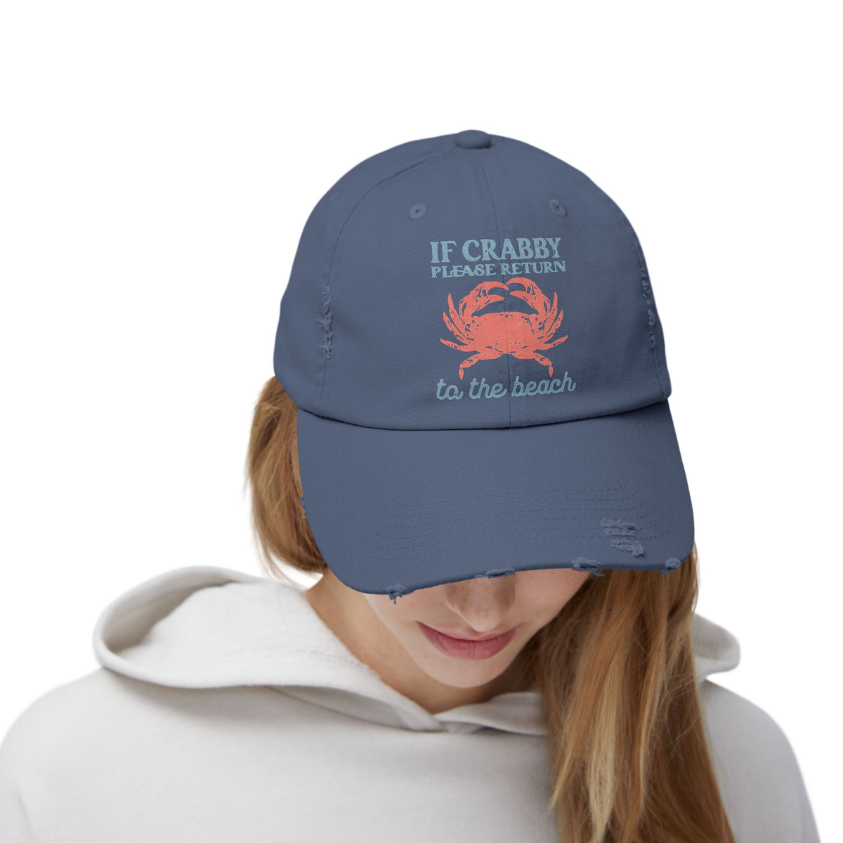 If Crabby Please Return to the Beach Distressed Baseball Hat | Coastal Mom Hat
