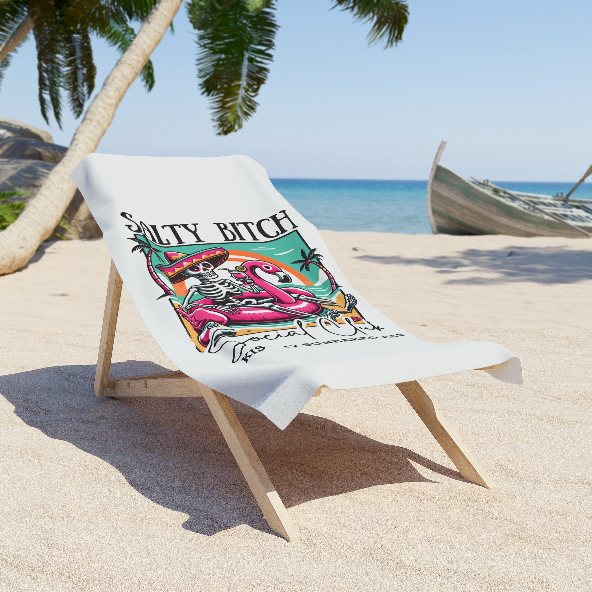 Funny Skeleton Flamingo Beach Towel – Salty Bitch Social Club | Sassy Summer Pool Towel, Girls Trip Gift, Bachelorette Beach Essential
