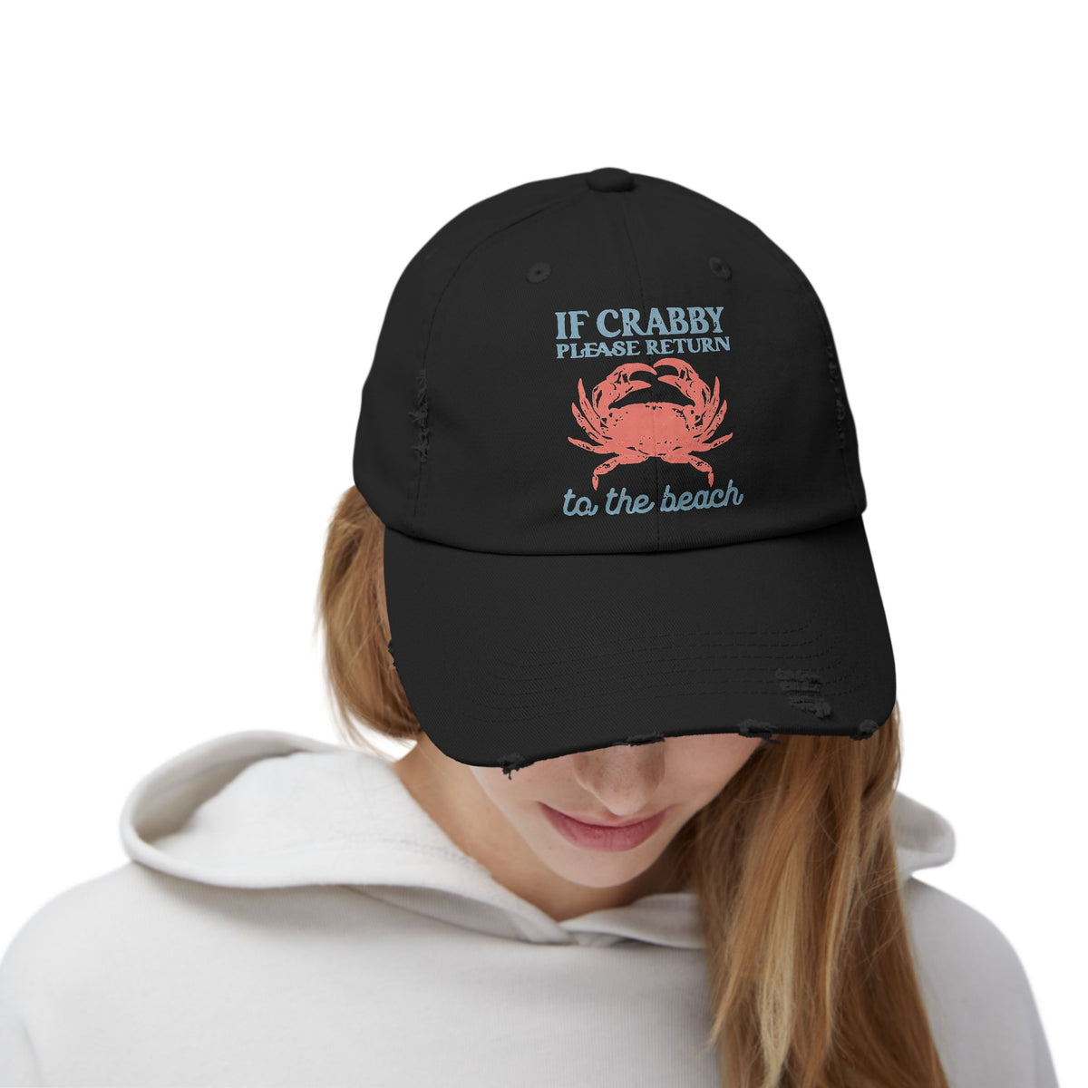 If Crabby Please Return to the Beach Distressed Baseball Hat | Coastal Mom Hat