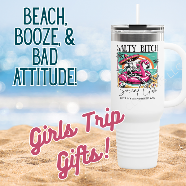 40oz Salty Bitch Social Club Tumbler – Funny Skeleton Flamingo Cup | Summer Iced Coffee Cup, Girls Trip Gift, Bachelorette Beach Mug