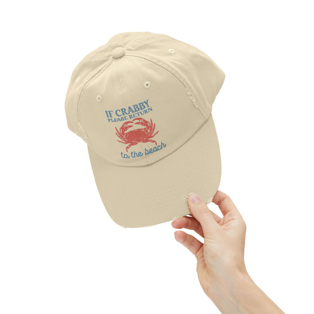 If Crabby Please Return to the Beach Distressed Baseball Hat | Coastal Mom Hat