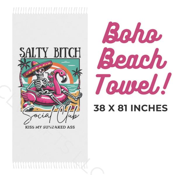 Boho Salty Bitch Social Club Beach Towel – Funny Skeleton Flamingo Pool Float | Sassy Summer Towel, Girls Trip Beach Gift