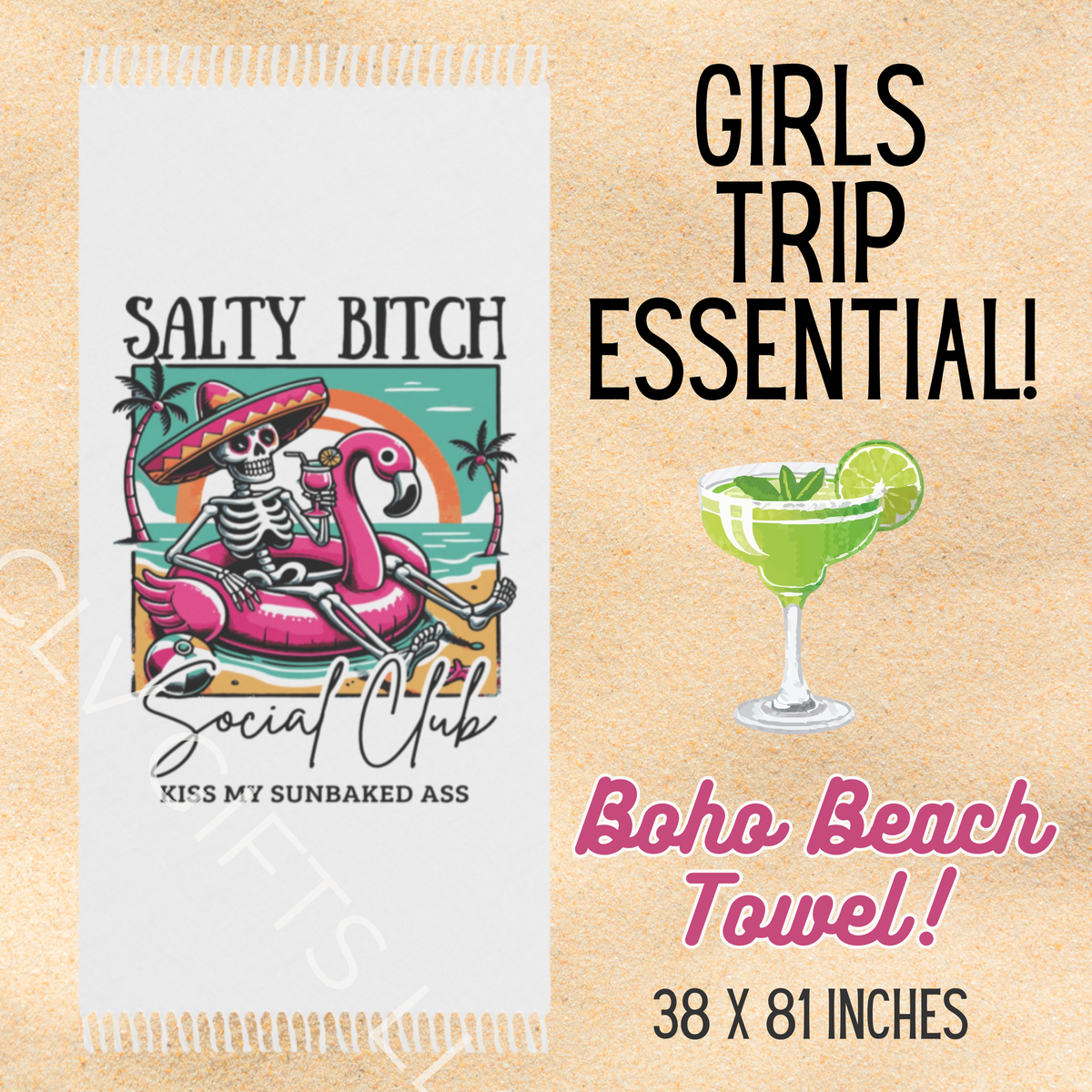 Boho Salty Bitch Social Club Beach Towel – Funny Skeleton Flamingo Pool Float | Sassy Summer Towel, Girls Trip Beach Gift