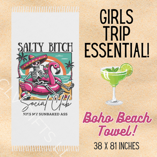 Boho Salty Bitch Social Club Beach Towel – Funny Skeleton Flamingo Pool Float | Sassy Summer Towel, Girls Trip Beach Gift