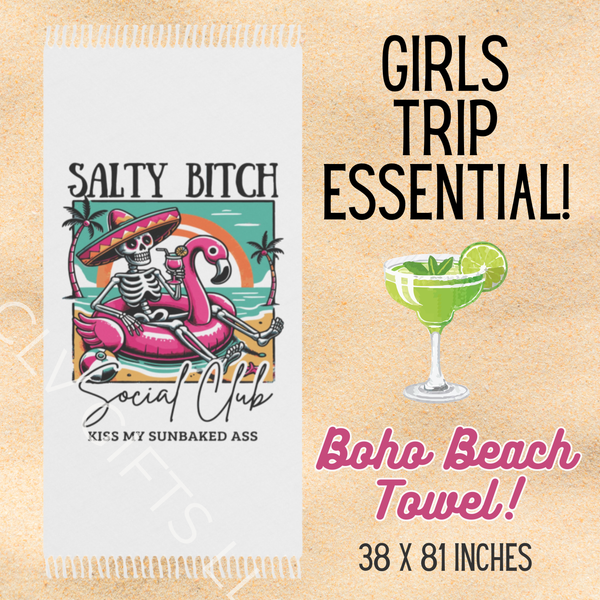 Boho Salty Bitch Social Club Beach Towel – Funny Skeleton Flamingo Pool Float | Sassy Summer Towel, Girls Trip Beach Gift