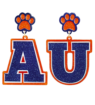 Orange & Navy Paw Print Glitter Earrings – Acrylic Game Day Drops (2”)