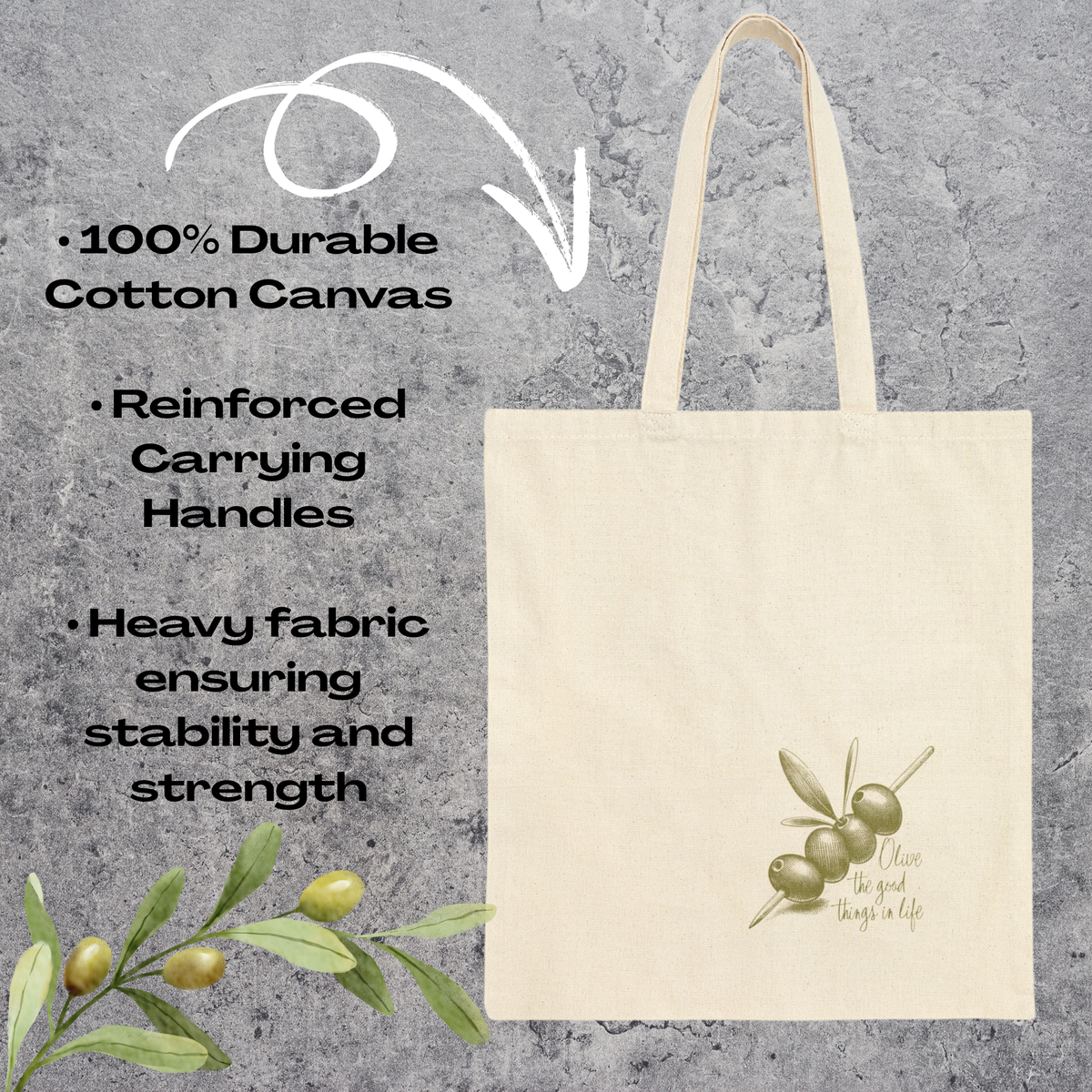 Olive the Good Things in Life – Cotton Canvas Tote Bag | Eco-Friendly Reusable Grocery Bag, Everyday Shoulder Tote