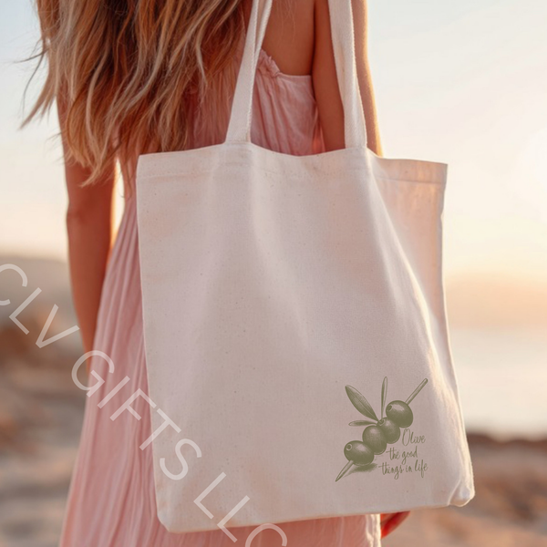 Olive Branch Cotton Canvas Tote Bag, Olive the good things in life, Eco-Friendly Grocery Bag, Reusable Shopping Tote