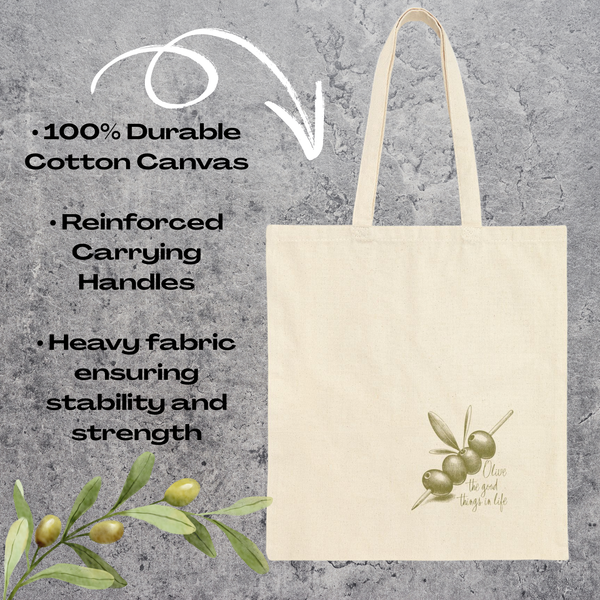 Olive Branch Cotton Canvas Tote Bag, Olive the good things in life, Eco-Friendly Grocery Bag, Reusable Shopping Tote