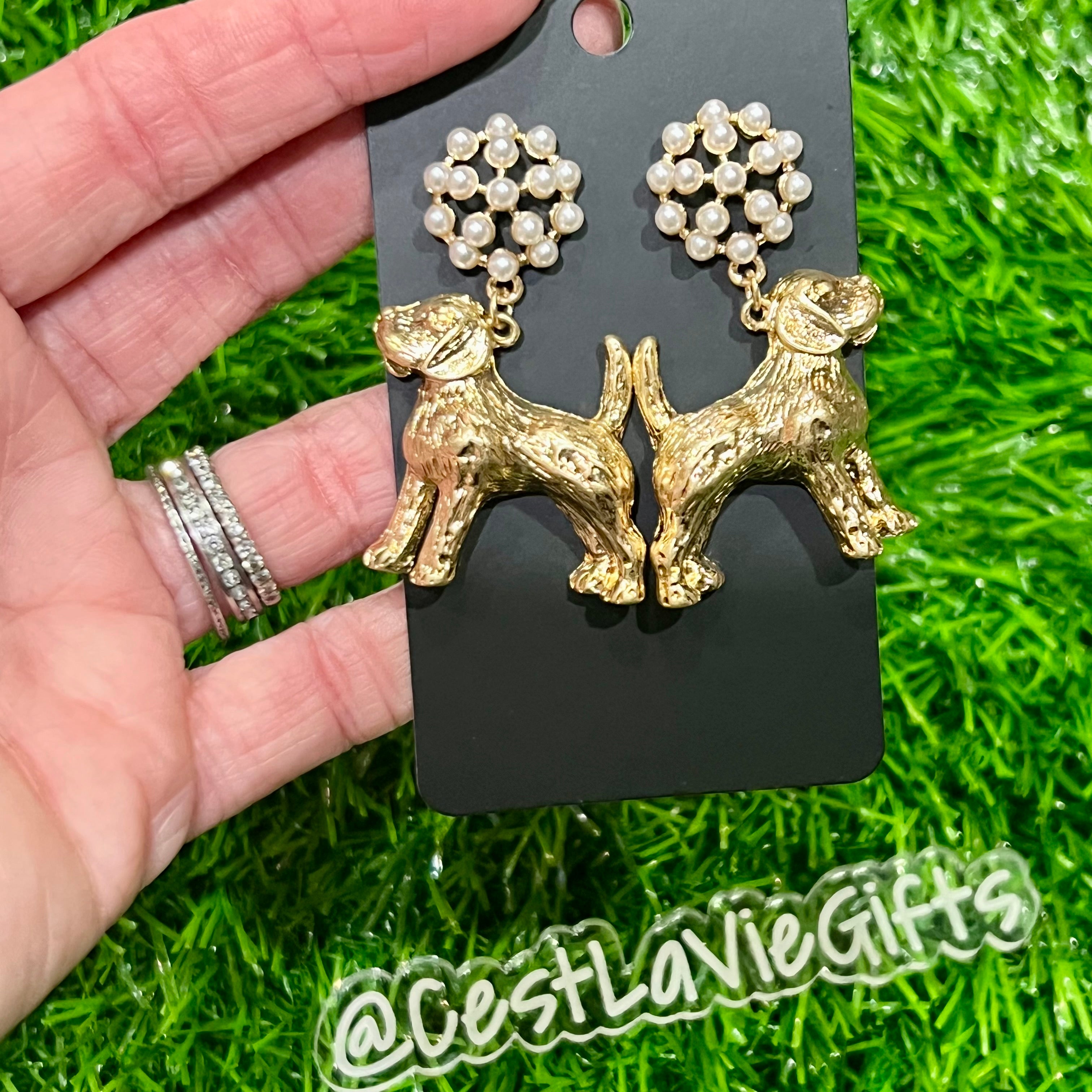 Gold Hound Dog Pearl Drop Earrings – Hypoallergenic Mascot Earrings (2”)