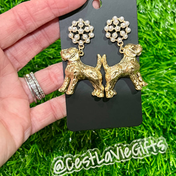 Gold Hound Dog Pearl Drop Earrings – Hypoallergenic Mascot Earrings (2”)