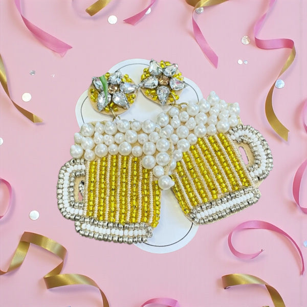 Beaded Beer Mug Earrings – Pearl & Rhinestone Post Earrings | Lightweight Party Earrings (2.5”)
