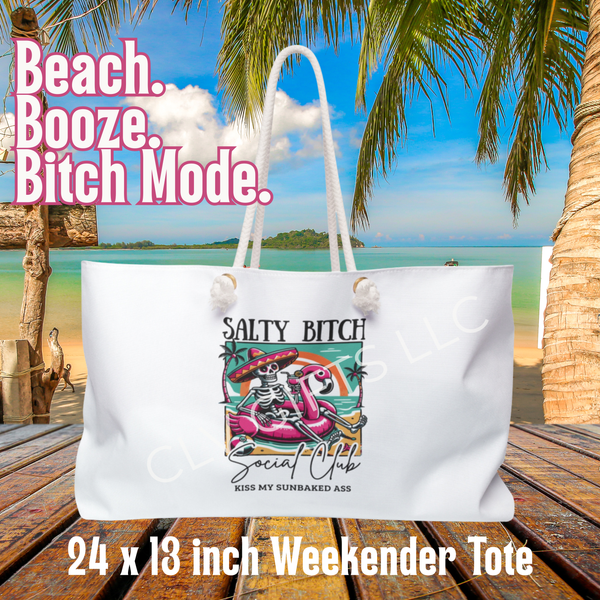 Salty Bitch Social Club Weekender Tote – Funny Skeleton Flamingo Beach Bag | Sassy Girls Trip Tote, Summer Poolside Bag