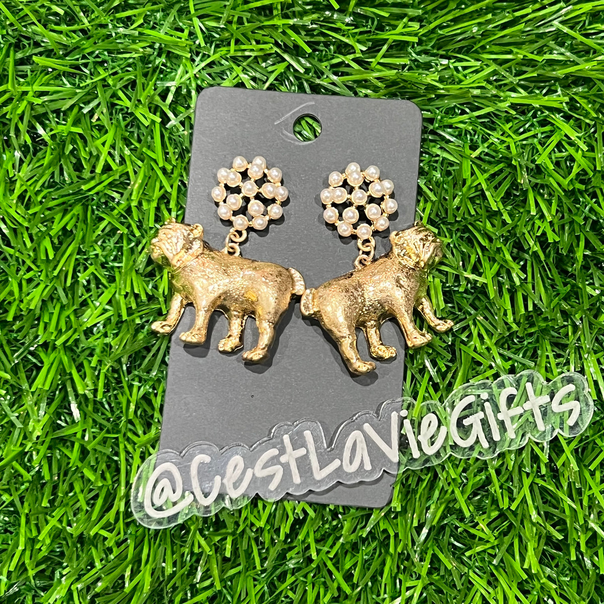 Gold Bulldog Pearl Drop Earrings – Hypoallergenic Mascot Statement Earrings (2”)