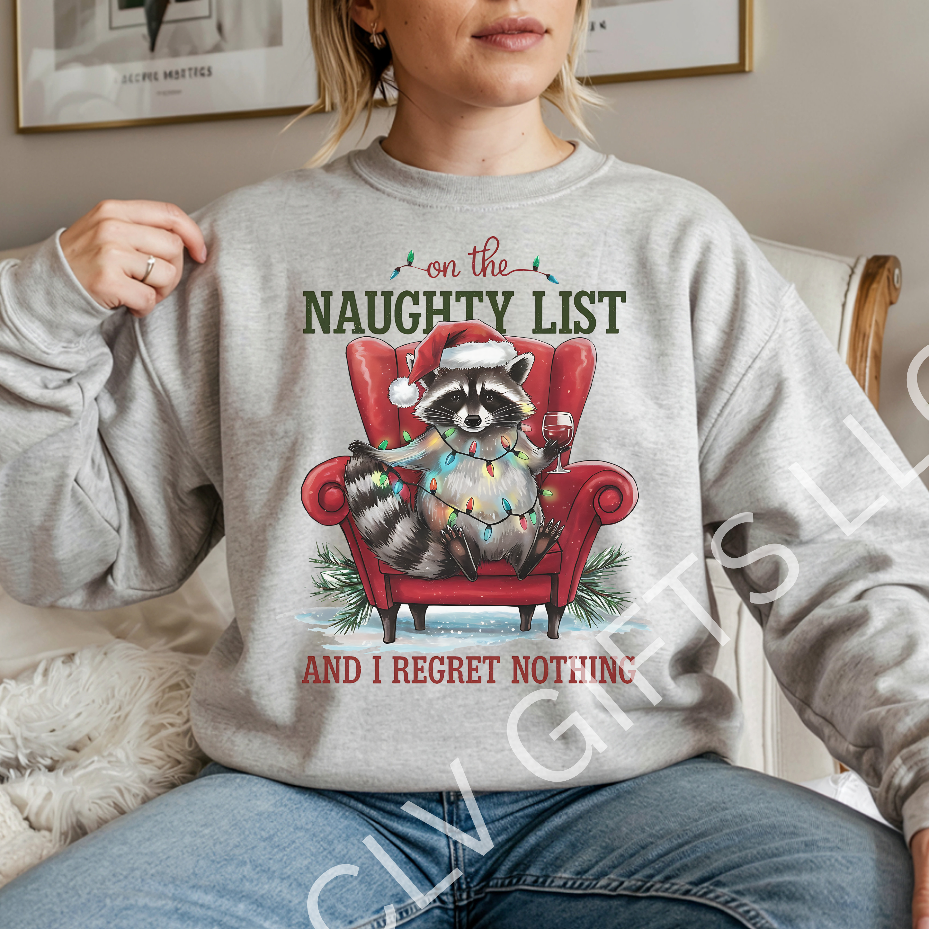 On the Naughty List Raccoon Crewneck Sweatshirt! Zero Christmas Regrets! Gildan 18000 - Gift