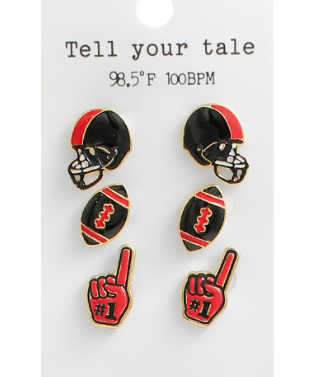 Red & Black Football Stud Earring Set | Game Day Jewelry for Football Moms | Team Spirit Earrings