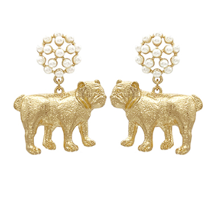 Gold Bulldog Pearl Drop Earrings – Hypoallergenic Mascot Statement Earrings (2”)