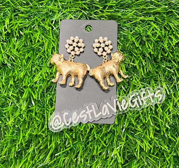 Gold Bulldog Pearl Drop Earrings – Hypoallergenic Mascot Statement Earrings (2”)