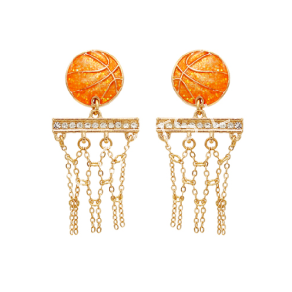 Basketball Crystal Dangle Earrings | Sparkly Sports Jewelry for Game Day | Gold Chain Hoop Net Earrings