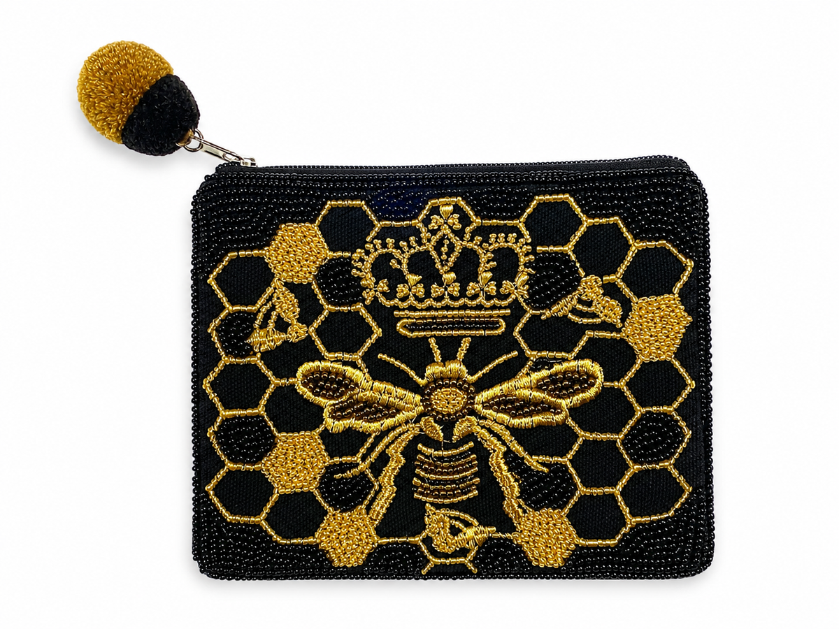 Queen Bee Beaded Coin Purse – Black & Gold