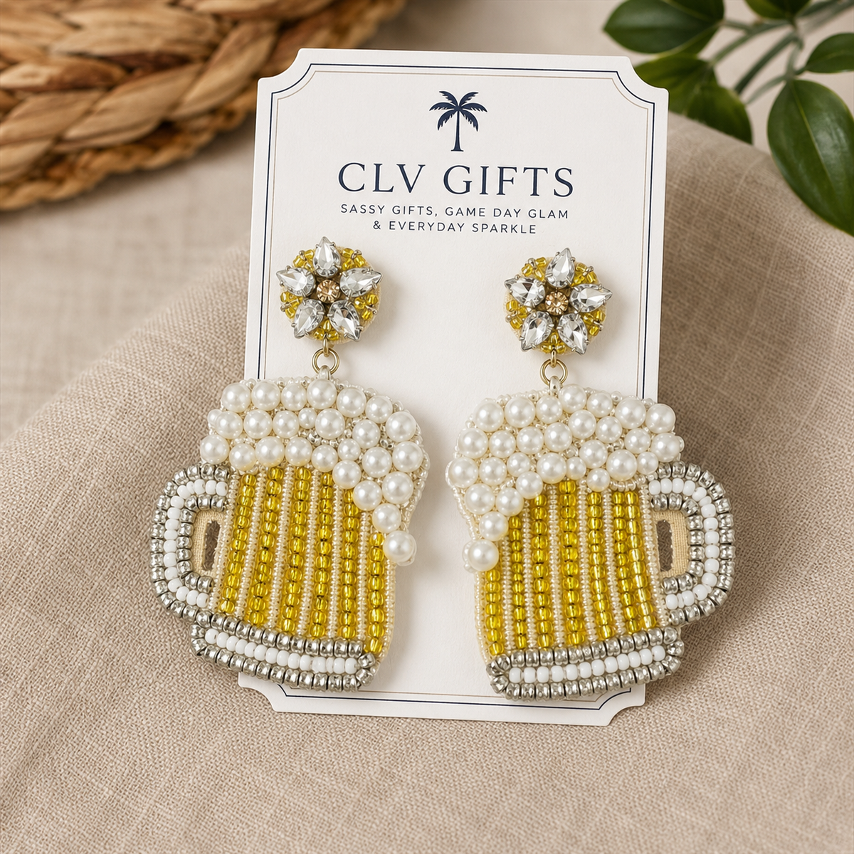 Beaded Beer Mug Earrings | Pearl & Rhinestone Statement Earrings