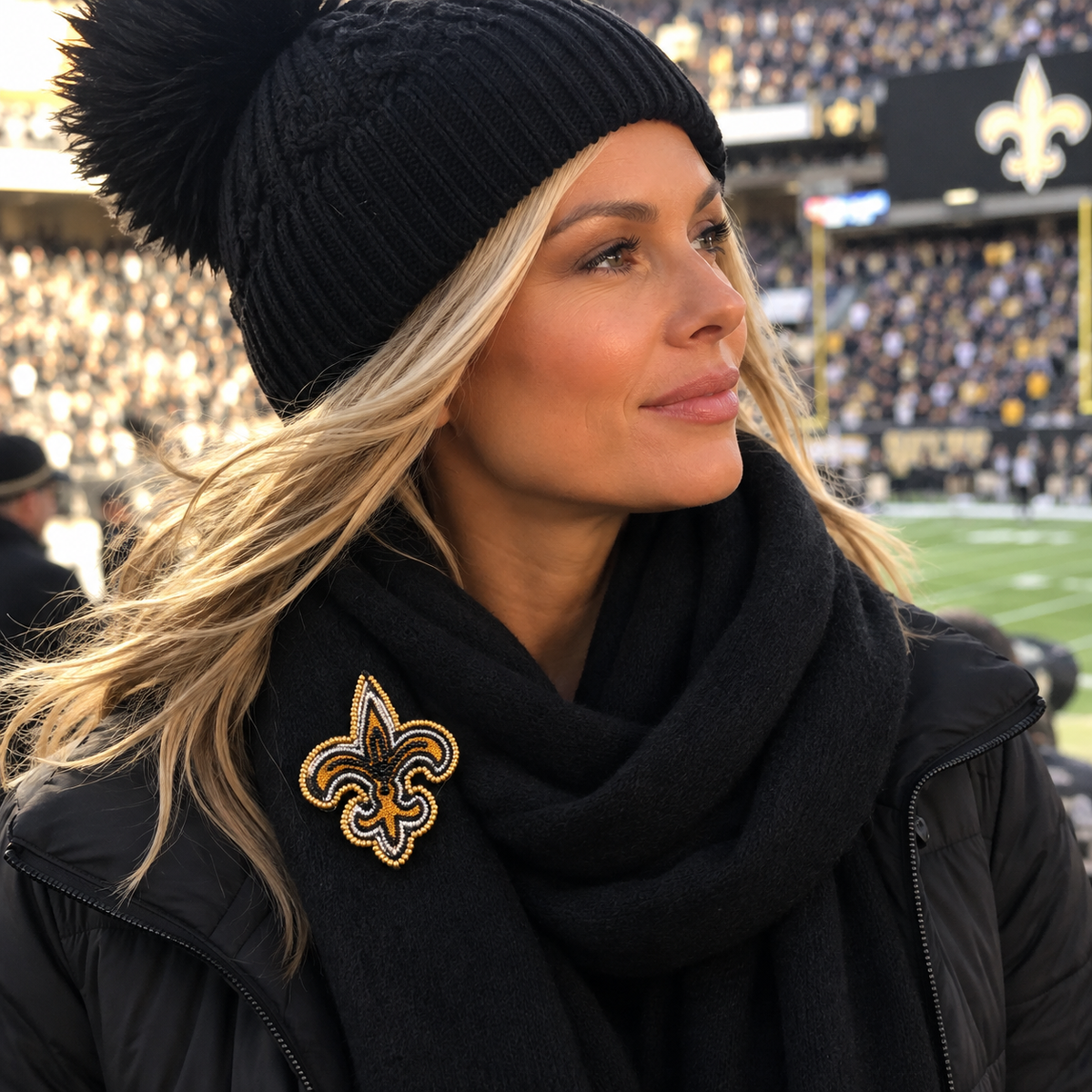 Gold-Edged Beaded Fleur de Lis Brooch | Black & Gold Game Day Pin