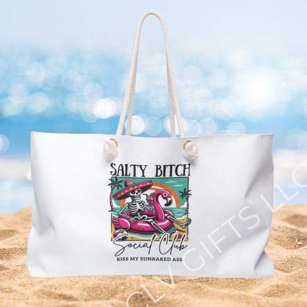 Salty Bitch Social Club Weekender Tote – Funny Skeleton Flamingo Beach Bag | Sassy Girls Trip Tote, Summer Poolside Bag