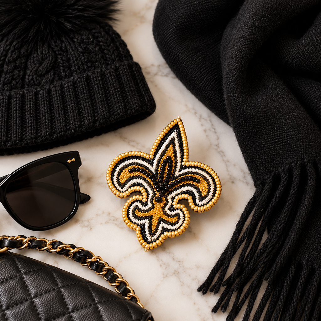 Gold-Edged Beaded Fleur de Lis Brooch | Black & Gold Game Day Pin