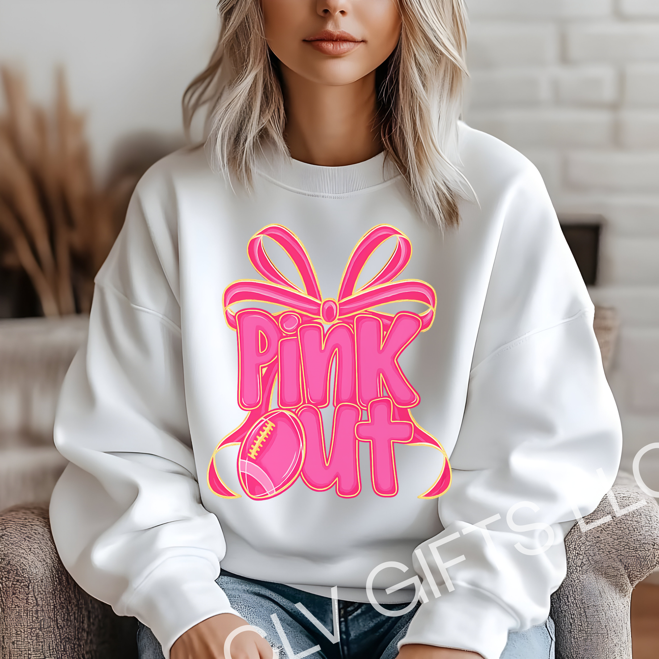 Pink Out! Pink Ribbon Crewneck Sweatshirt, Gift for Sports Fans, Football Game Day, Pep rally, Pink Out Support Gear, Fundraiser Apparel