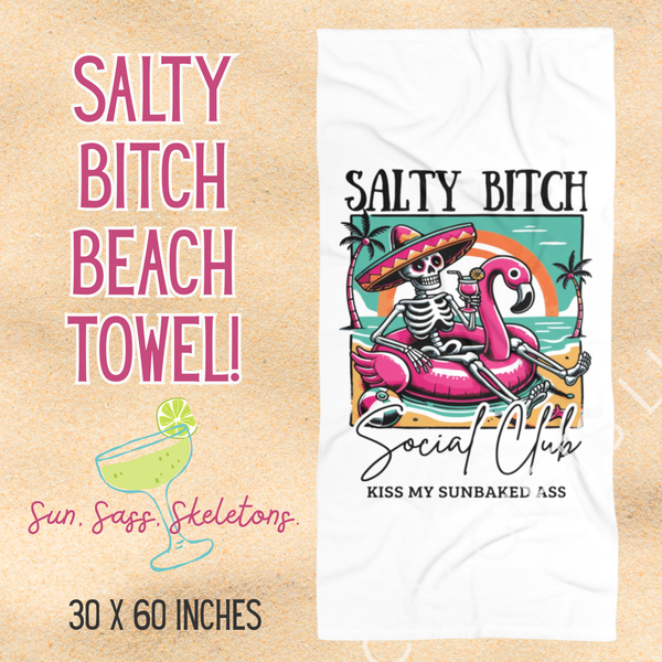 Funny Skeleton Flamingo Beach Towel – Salty Bitch Social Club | Sassy Summer Pool Towel, Girls Trip Gift, Bachelorette Beach Essential