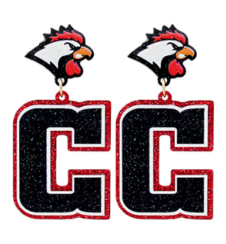 Red & Black CC Acrylic Mascot Earrings – Game Day Logo Drops (2”) - Rooster, Gamecock, Chicken