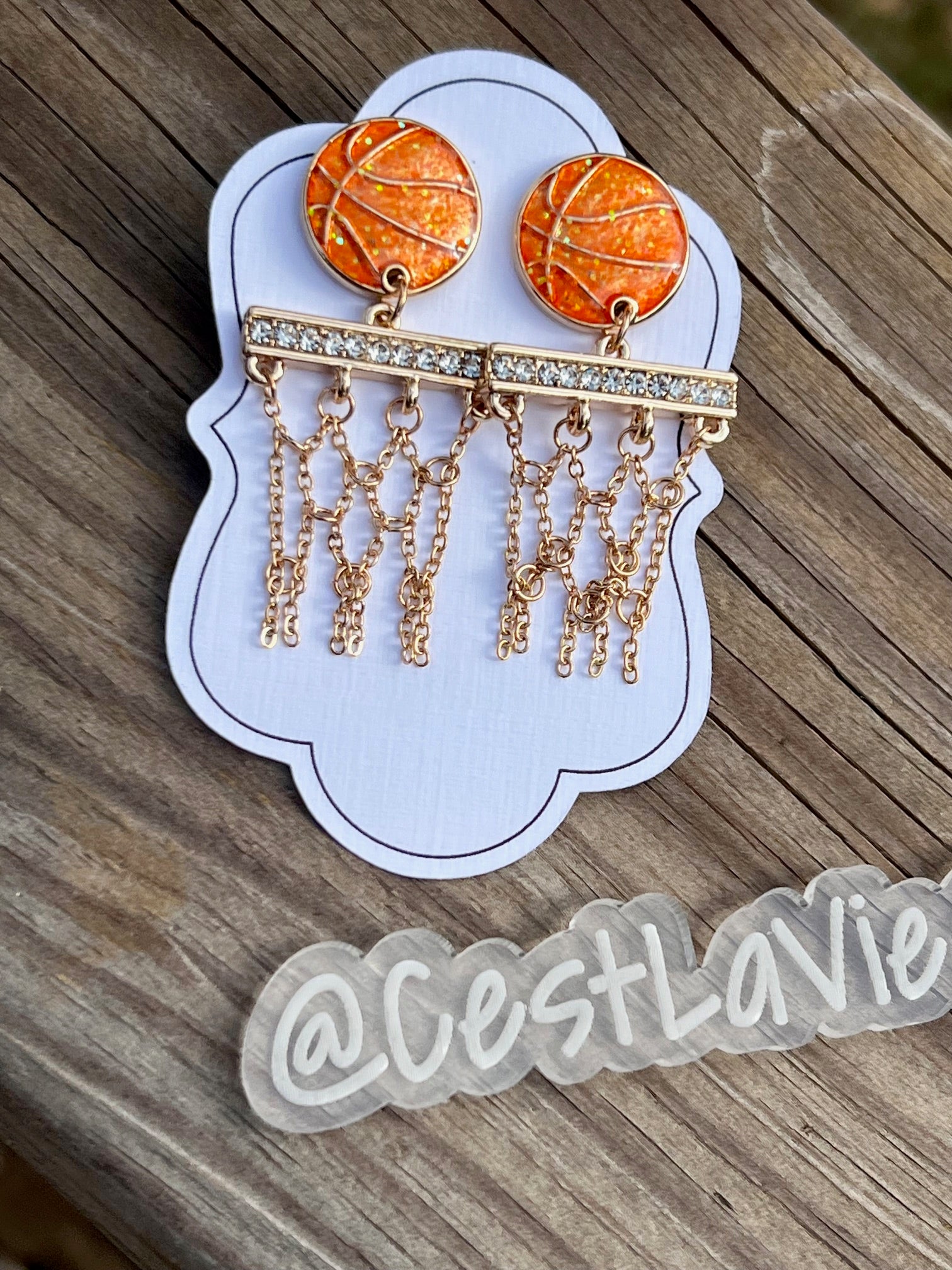 Basketball Crystal Dangle Earrings | Sparkly Sports Jewelry for Game Day | Gold Chain Hoop Net Earrings