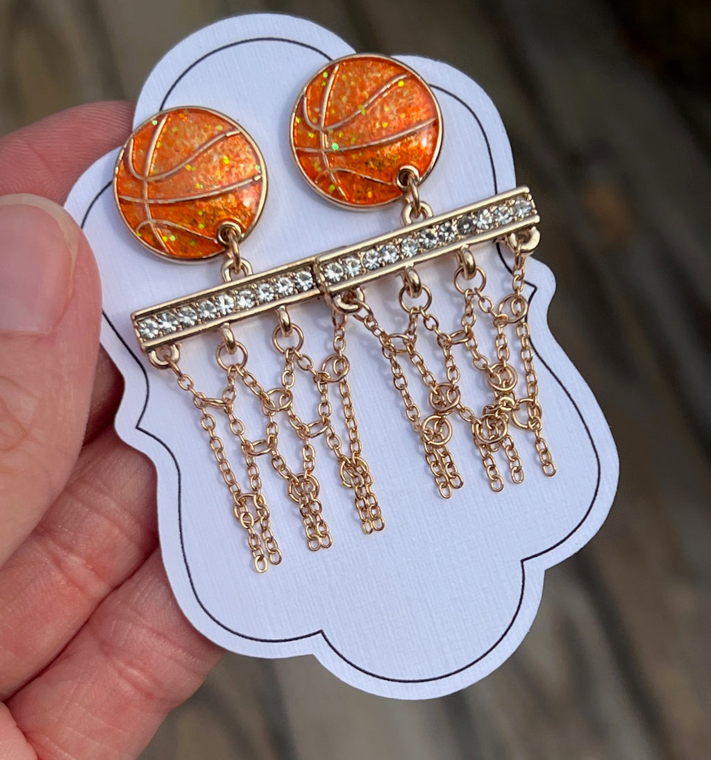 Basketball Crystal Dangle Earrings | Sparkly Sports Jewelry for Game Day | Gold Chain Hoop Net Earrings