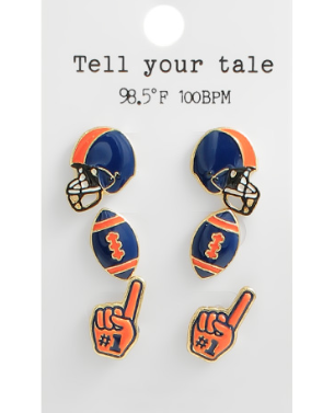 Orange & Navy Football Stud Earring Set | 3-Pair Game Day Jewelry | Tailgate Earrings for Football Fans