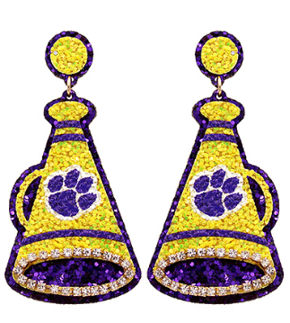 Purple & Yellow Paw Print Megaphone Earrings – Glitter Spirit Cheer Earrings (2.75”)