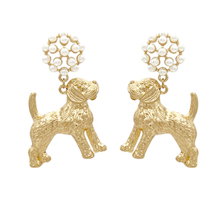 Gold Hound Dog Pearl Drop Earrings – Hypoallergenic Mascot Earrings (2”)