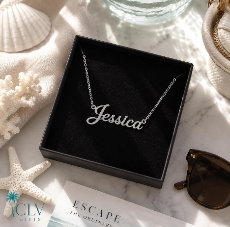 Silver-tone Jessica script name necklace in a black jewelry box with coastal styling.