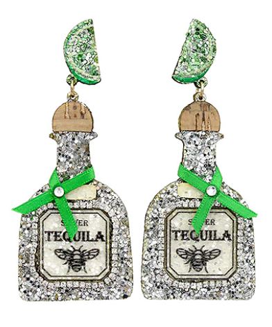 Tequila Bottle & Lime Glitter Earrings | Silver or Gold Statement Earrings | Cocktail Party & Fiesta Jewelry