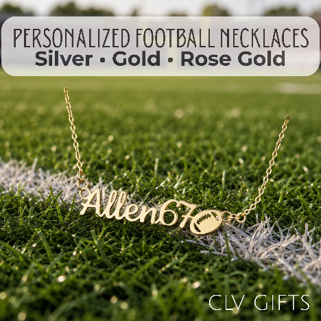 Gold-tone Allen67 name necklace with a football motif on a grassy field.
