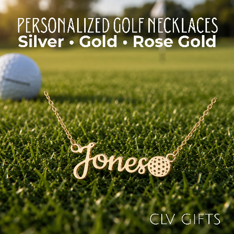 Gold-tone Jones name necklace with a golf ball motif on grass beside a golf ball.