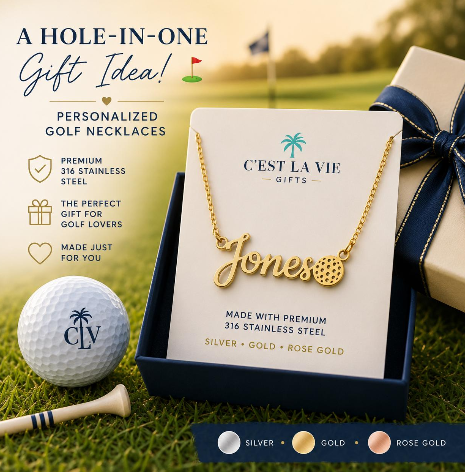 Personalized Jones golf necklace displayed on a CLV Gifts card in a styled navy gift box.