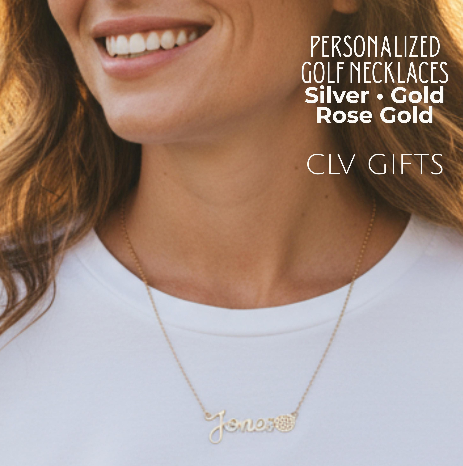 Close-up of a woman in a white shirt wearing a personalized Jones golf necklace.