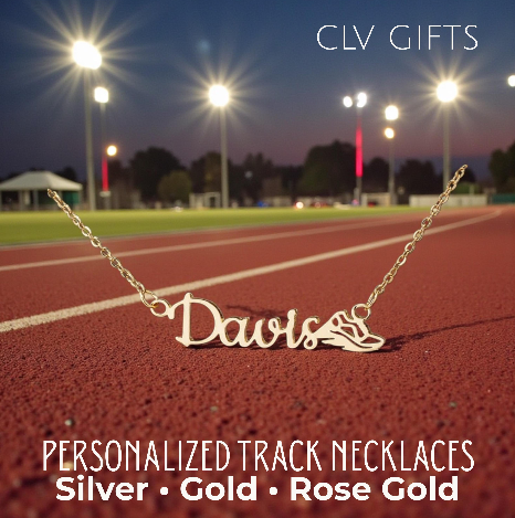 Personalized Davis necklace with a running shoe motif on a running track under stadium lights.